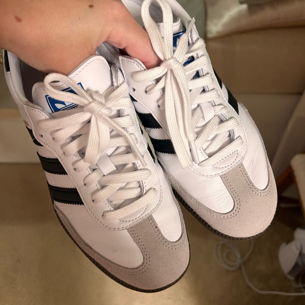Adidas sambas- basically new.  White and Black Sneakers with Blue Accents